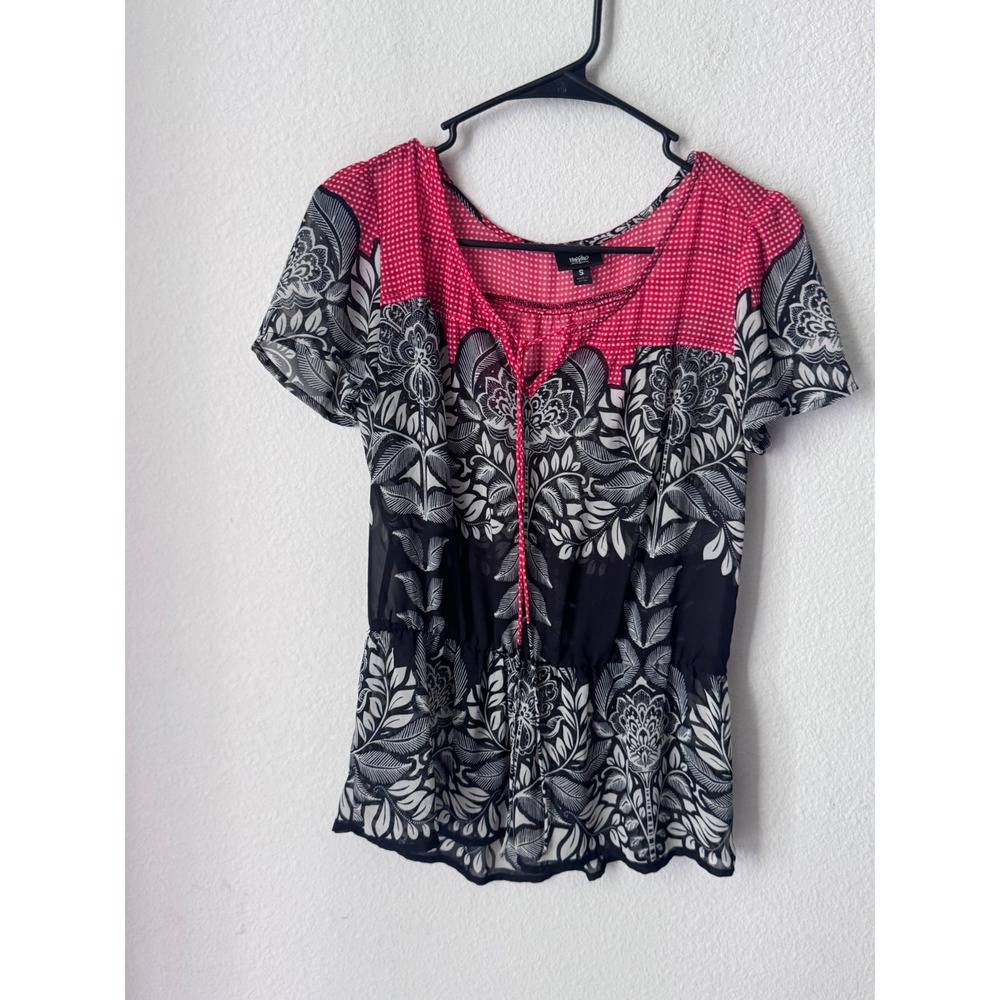 Mossimo Womens Chiffon Floral Polka Dot Blouse‎ Red Black White Small S